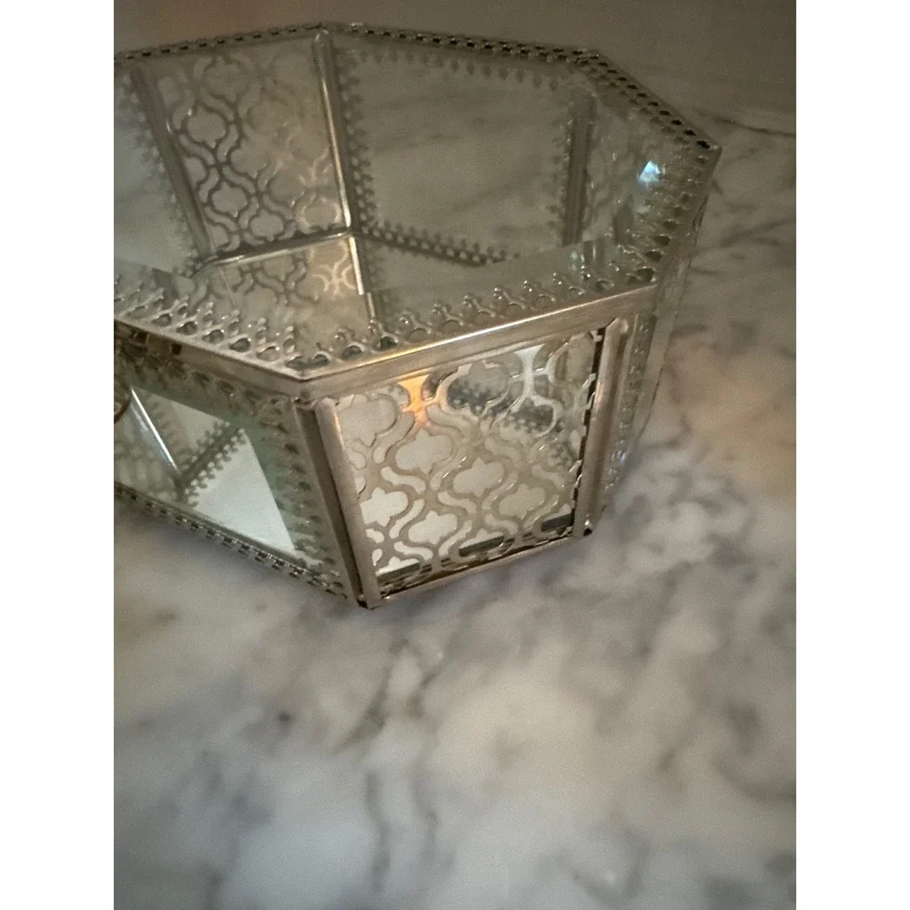 Rachel Ashwell Shabby Chic Silver Filigree Mirrored Octagon Glass Jewelry Box
